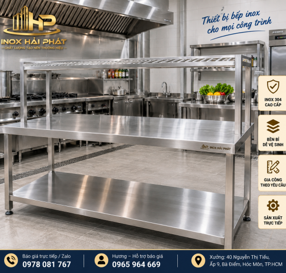bàn bếp inox 2 tầng có kệ song trên