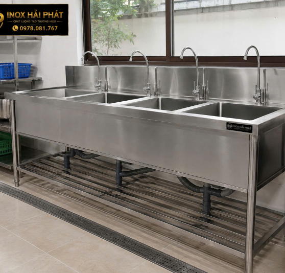 Chậu Rửa Inox 304 Công Nghiệp 3 Hộc Có Kệ Trên