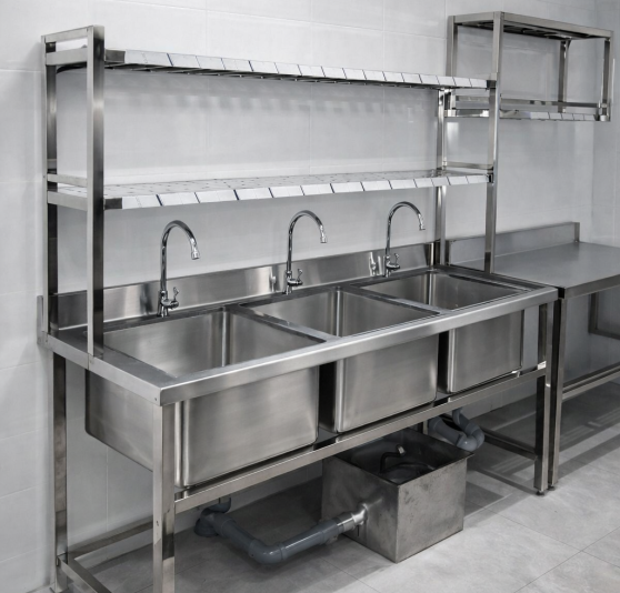 Chậu Rửa Inox 304 Công Nghiệp 3 Hộc Có Kệ Trên