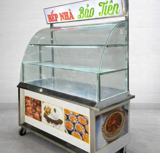 Xe Bán Đồ Ăn Vặt Inox Kính Cong Có Đèn