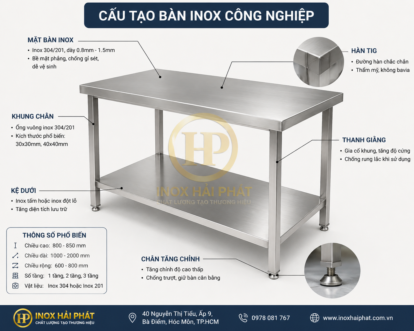  Cấu tạo bàn sơ chế có kệ dưới và chân tăng chỉnh
