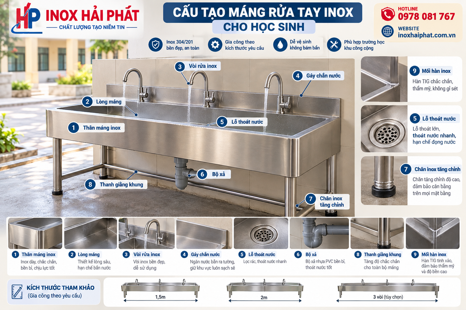 cấu tạo máng rử tay inox