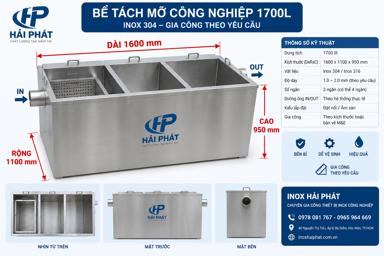 kích thước bể tách mỡ công nghiệp 1700L 1600x1100x950