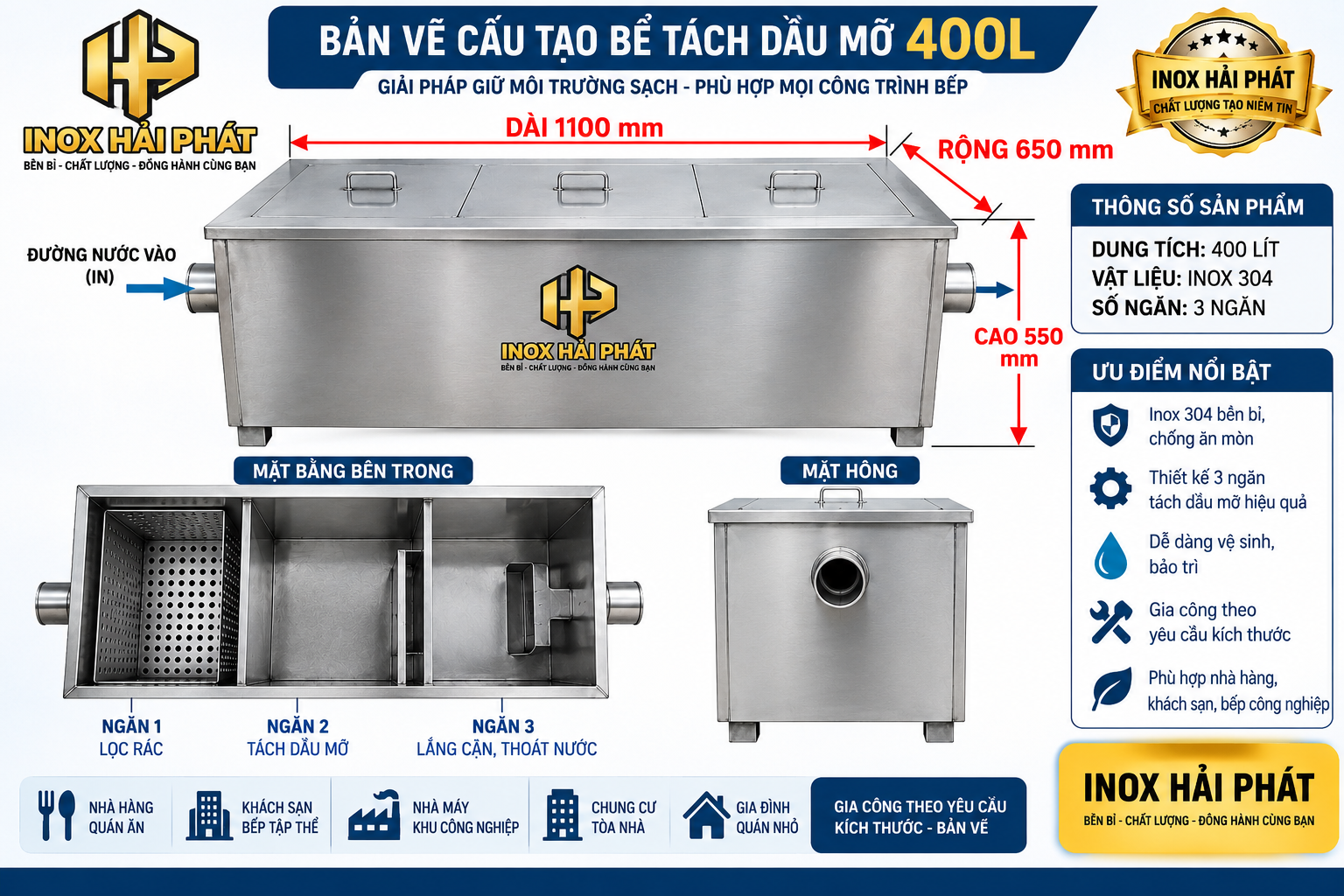 kích thước bể tách mỡ 400L 1100x650x550