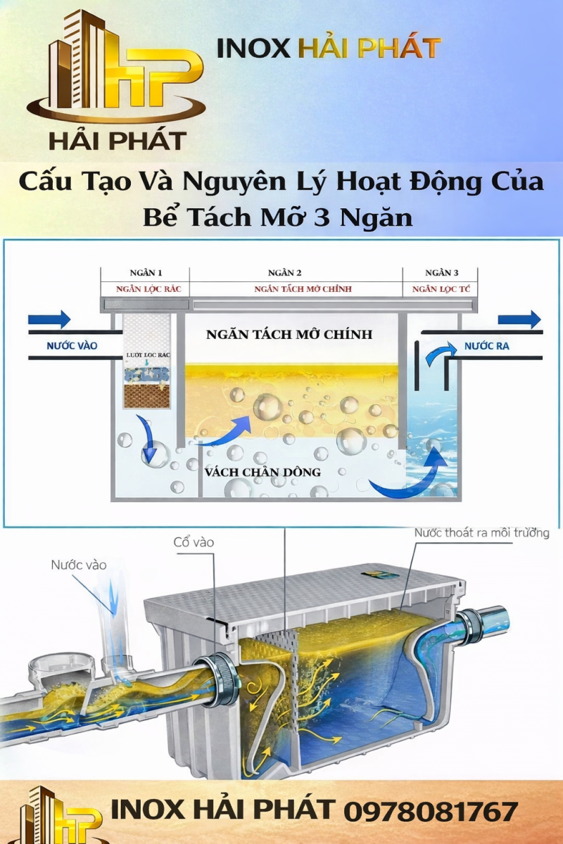 Ảnh mô tả cấu tạo đặc biệt và quy trình vận hành của thiết bị tách mỡ công nghiệp, với hệ thống 3 ngăn xử lý liên hoàn giúp lọc rác, tách mỡ và lắng nước sạch ổn định.