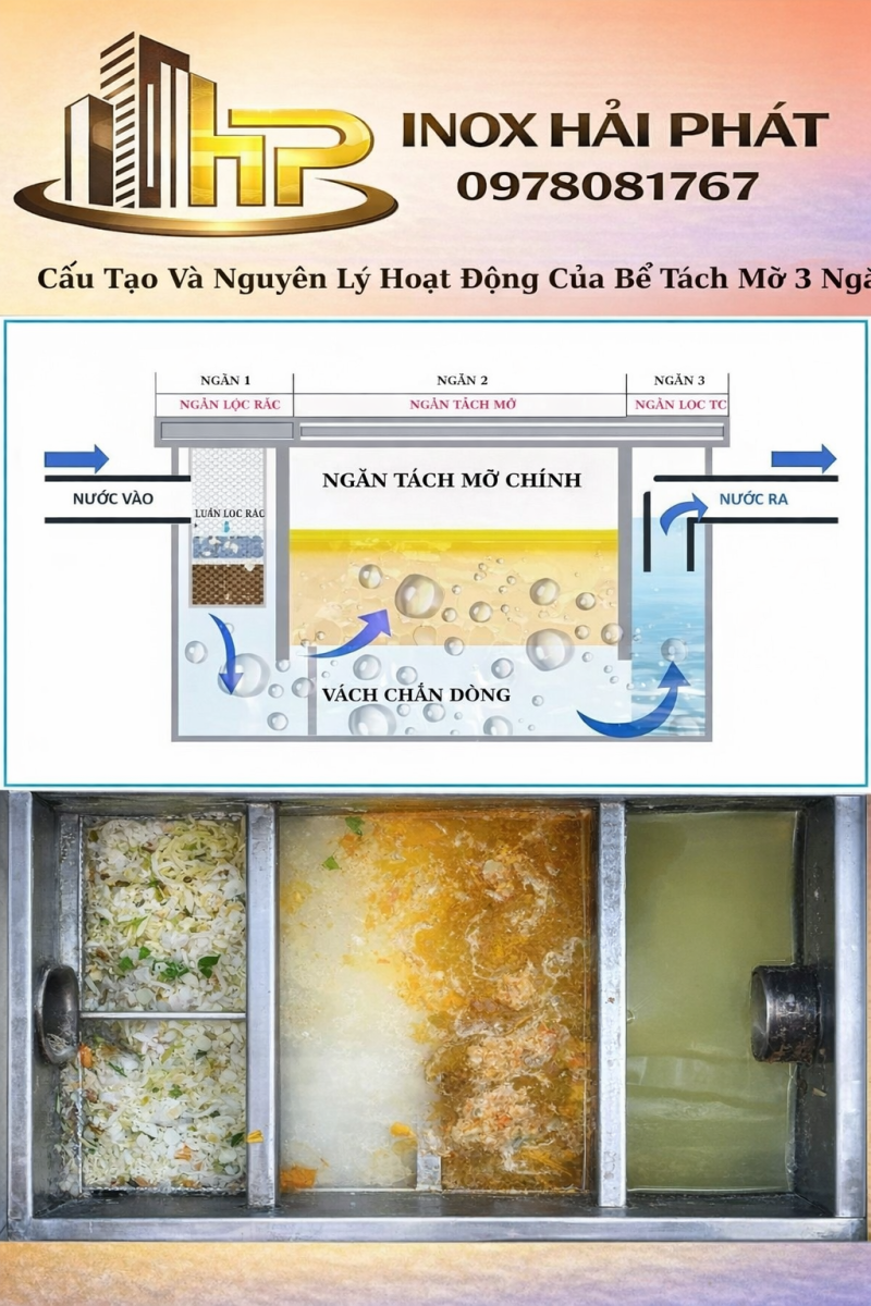 Ảnh minh họa cấu tạo và nguyên lý hoạt động của bể tách mỡ inox 304 gồm 3 ngăn xử lý: lọc rác – tách mỡ – lắng nước sạch. Mô phỏng dòng chảy tự nhiên, hiệu suất 90–95%.