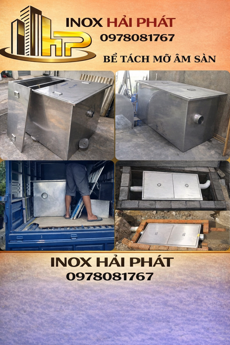 Hình ảnh bẫy mỡ công nghiệp 1200l inox 304 với cấu tạo 3 ngăn xử lý hiệu quả, phù hợp bếp công nghiệp lớn và khu chế biến thực phẩm. Sản xuất tại inox Hải Phát – tp. Hcm.