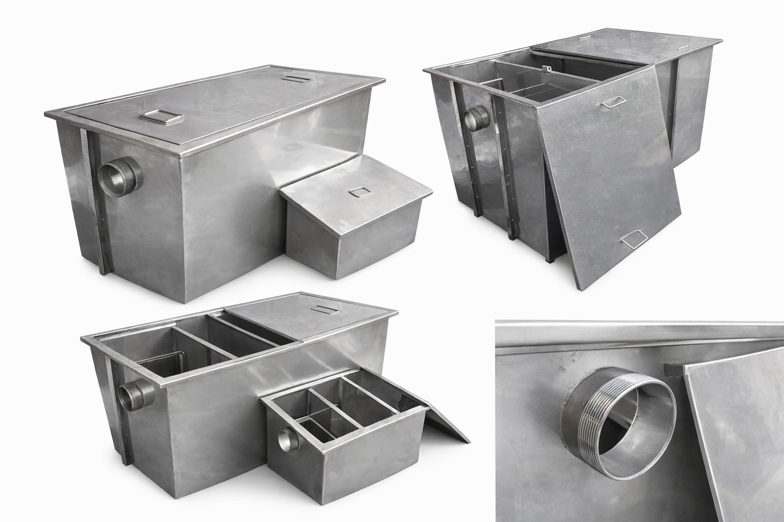 Hình ảnh bể tách mỡ công nghiệp inox 304 do inox việt đức sản xuất, thiết kế 3 ngăn xử lý chuẩn kỹ thuật, phù hợp bếp lớn và khu chế biến thực phẩm công suất cao.
