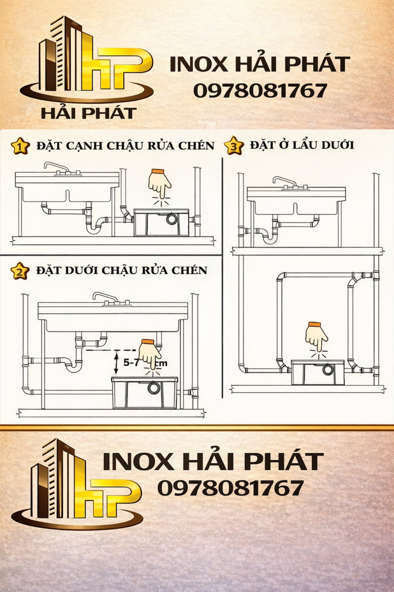 Hướng dẫn vị trí lắp đặt bể tách mỡ inox 304 tại khu chậu rửa nhà hàng, đảm bảo độ dốc thoát nước và khả năng tách mỡ hiệu quả.