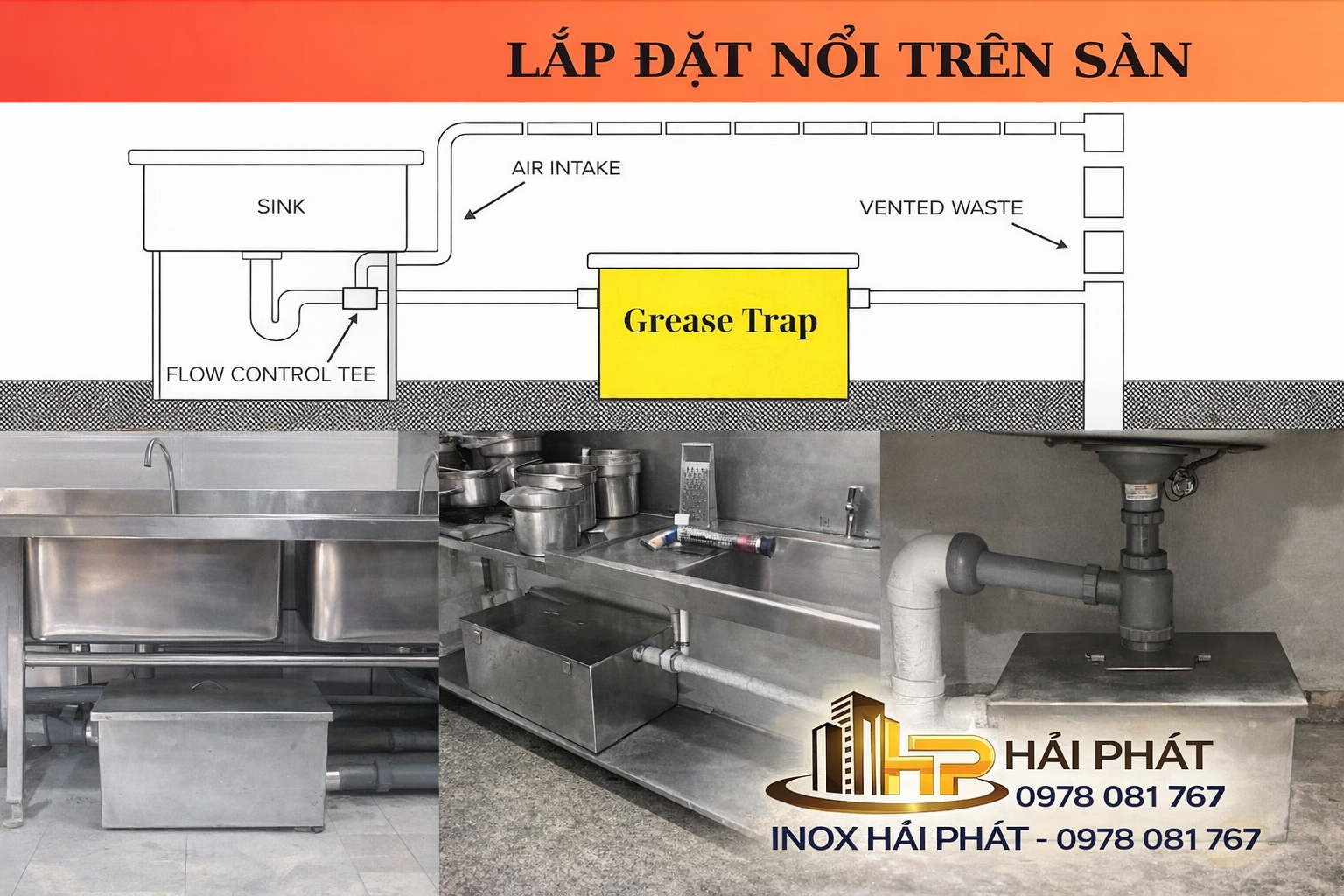 Sơ đồ hướng dẫn lắp đặt bể tách mỡ inox âm sàn, giúp tiết kiệm diện tích và đảm bảo thẩm mỹ cho khu bếp nhà hàng, khách sạn.