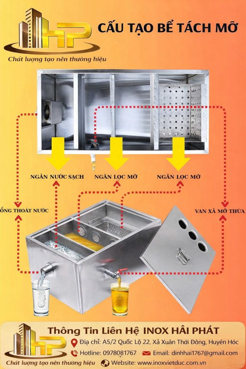Hình ảnh cấu tạo chi tiết bể tách mỡ inox 304 gồm giỏ lọc rác, vách hướng dòng và các ngăn tách – lắng, giúp xử lý dầu mỡ hiệu quả cho bếp công nghiệp.