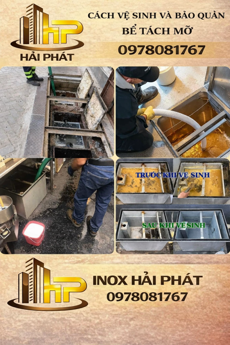 Hình minh họa quy trình vệ sinh bể tách mỡ inox 304: mở nắp – vớt mỡ – rửa ngăn lọc – kiểm tra ống thoát nước định kỳ hàng tuần