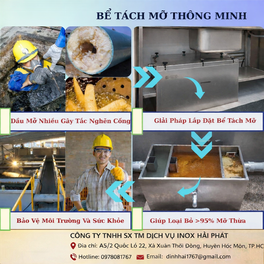 Hình ảnh thiết bị tách dầu mỡ công nghiệp inox 304 với thiết kế 3 ngăn xử lý liên hoàn, phù hợp bếp lớn, nhà hàng, khu chế biến thực phẩm và hệ thống xả thải lưu lượng cao.