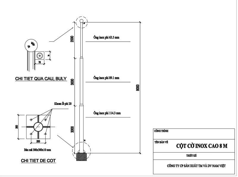 Bản vẽ cột cờ inox ngoài trời cao 8m