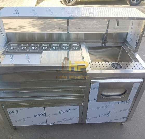 Quầy Pha Chế Inox 304 Có Bồn Rửa, Khay Topping & Kệ Trên