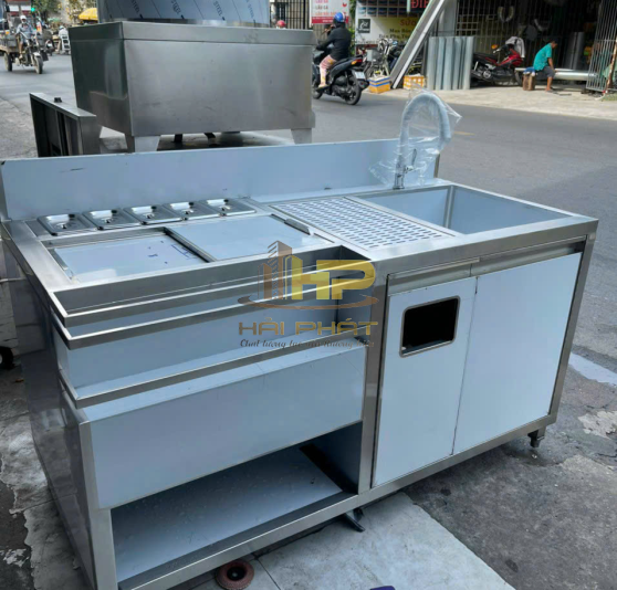 Quầy Pha Chế Inox 304 Có Bồn Rửa, Khay Topping & Kệ Trên