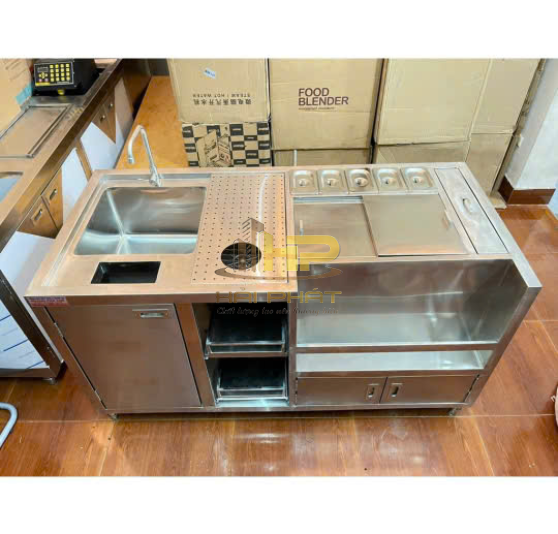 Quầy Pha Chế Inox 304 Có Bồn Rửa, Khay Topping & Kệ Trên