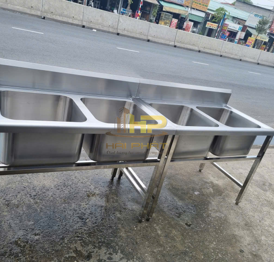 Bồn rửa chén inox công nghiệp 3 ngăn lắp chữ L